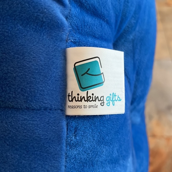 Book/Tablet Cradle Push Pillow, Blue, Fake Buttons, Green & Yellow Trim - Picture 4 of 6